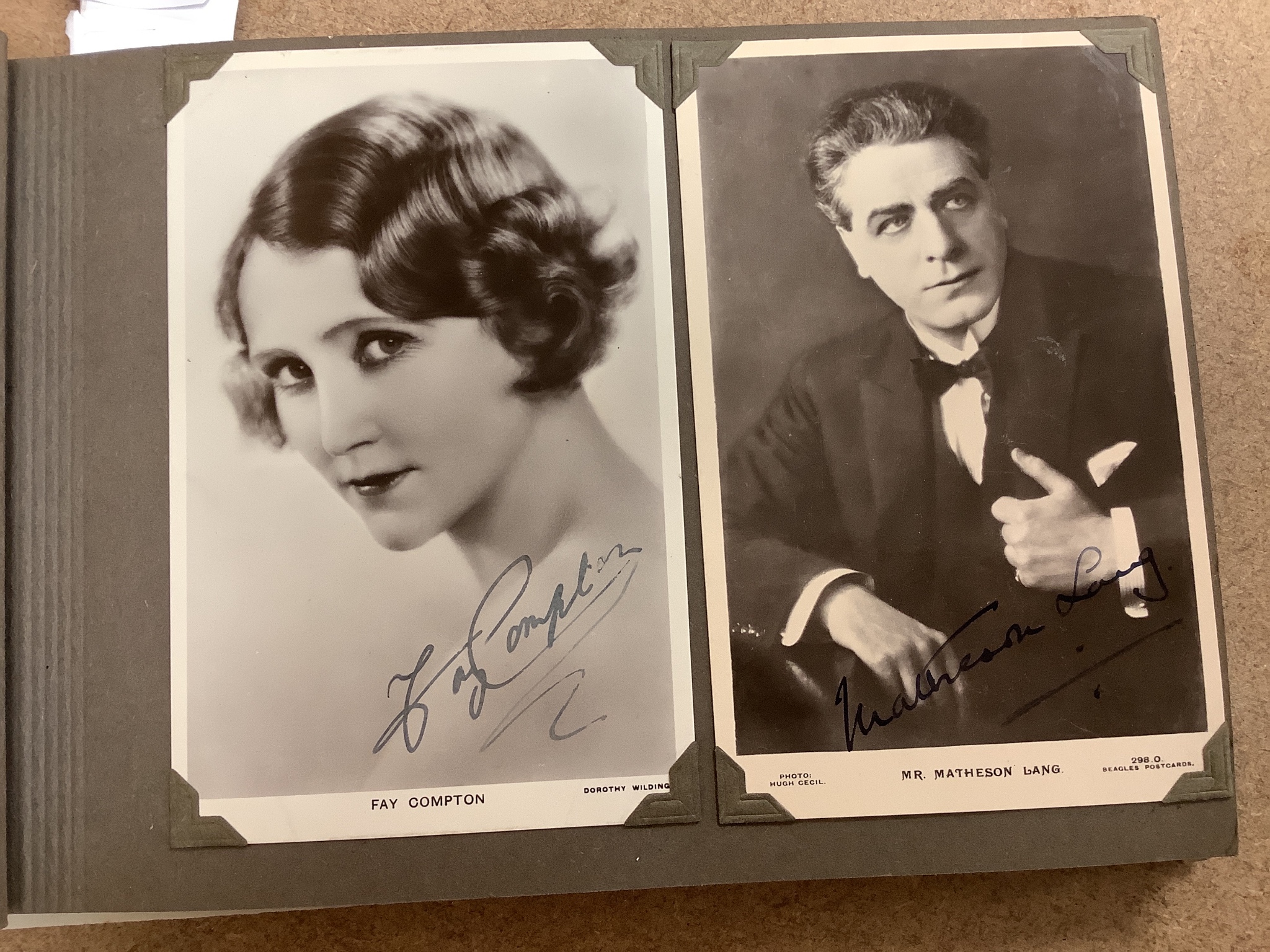 An album of 1930s monochrome postcards including film stars, some signed, letter and other signatures